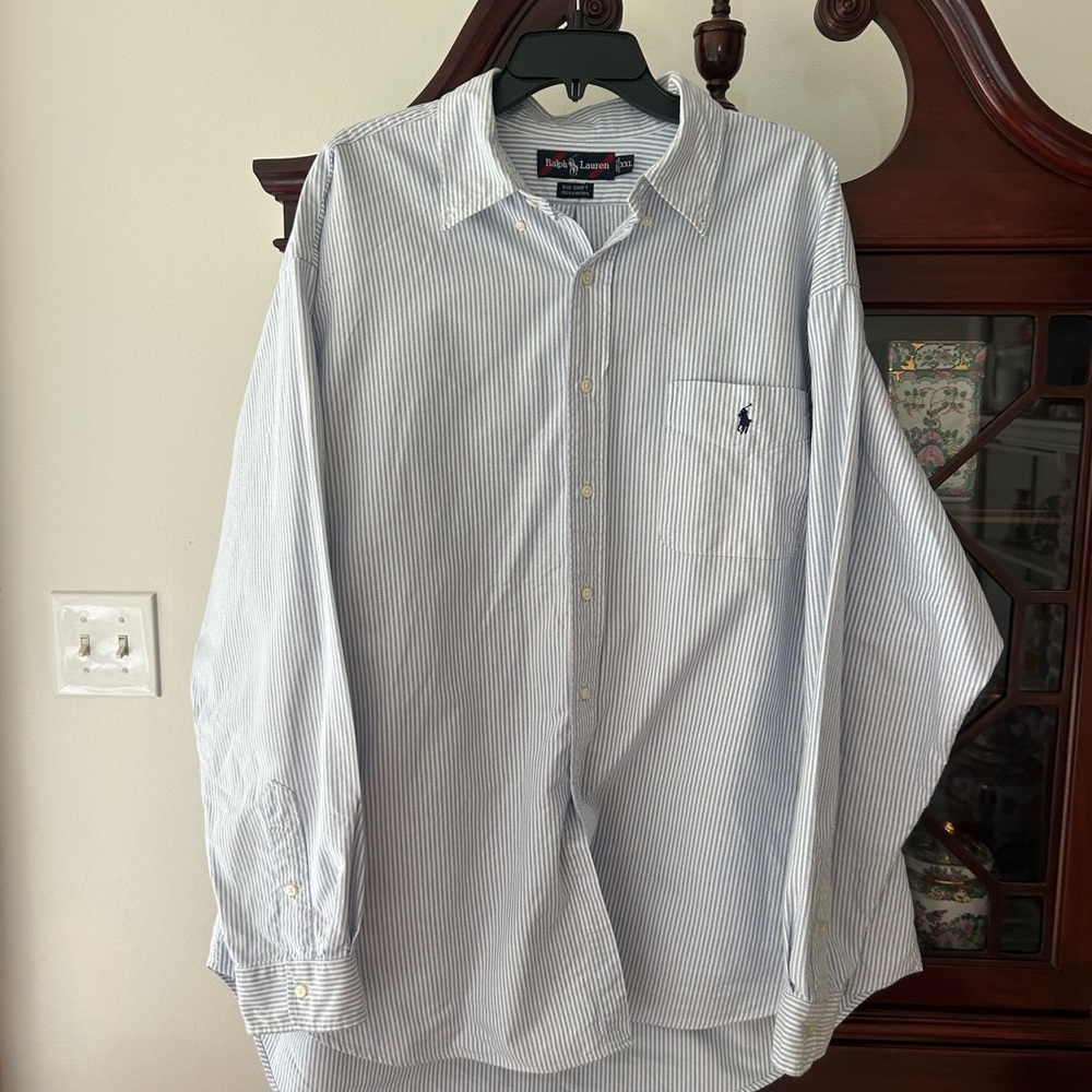 Ralph Lauren Men's White and Blue Striped Shirt